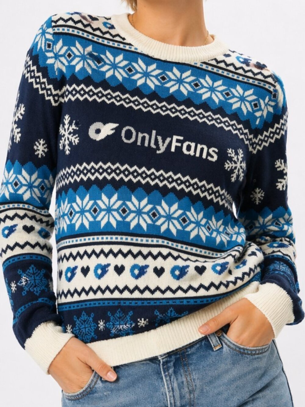 ONLY FANS Festive Holiday Snowflake Sweater Blue White